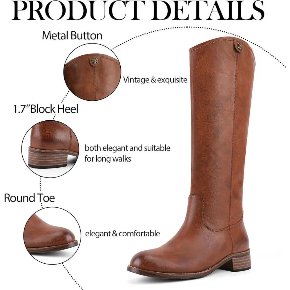 Women's Cognac Round Toe Chunky Heel Faux Suede Tall Knee High Boots Rubber